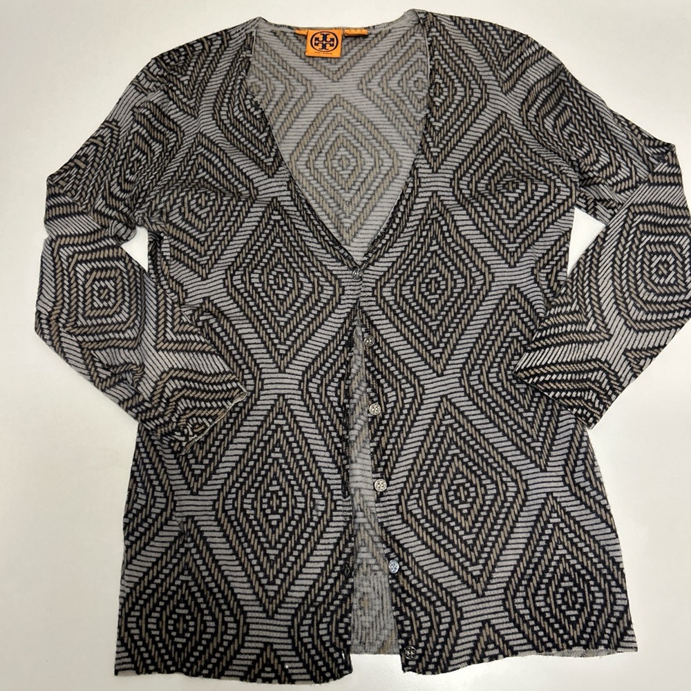 Women’s Tory Burch grey patterned 100% wool v-neck cardigan sweater size Medium